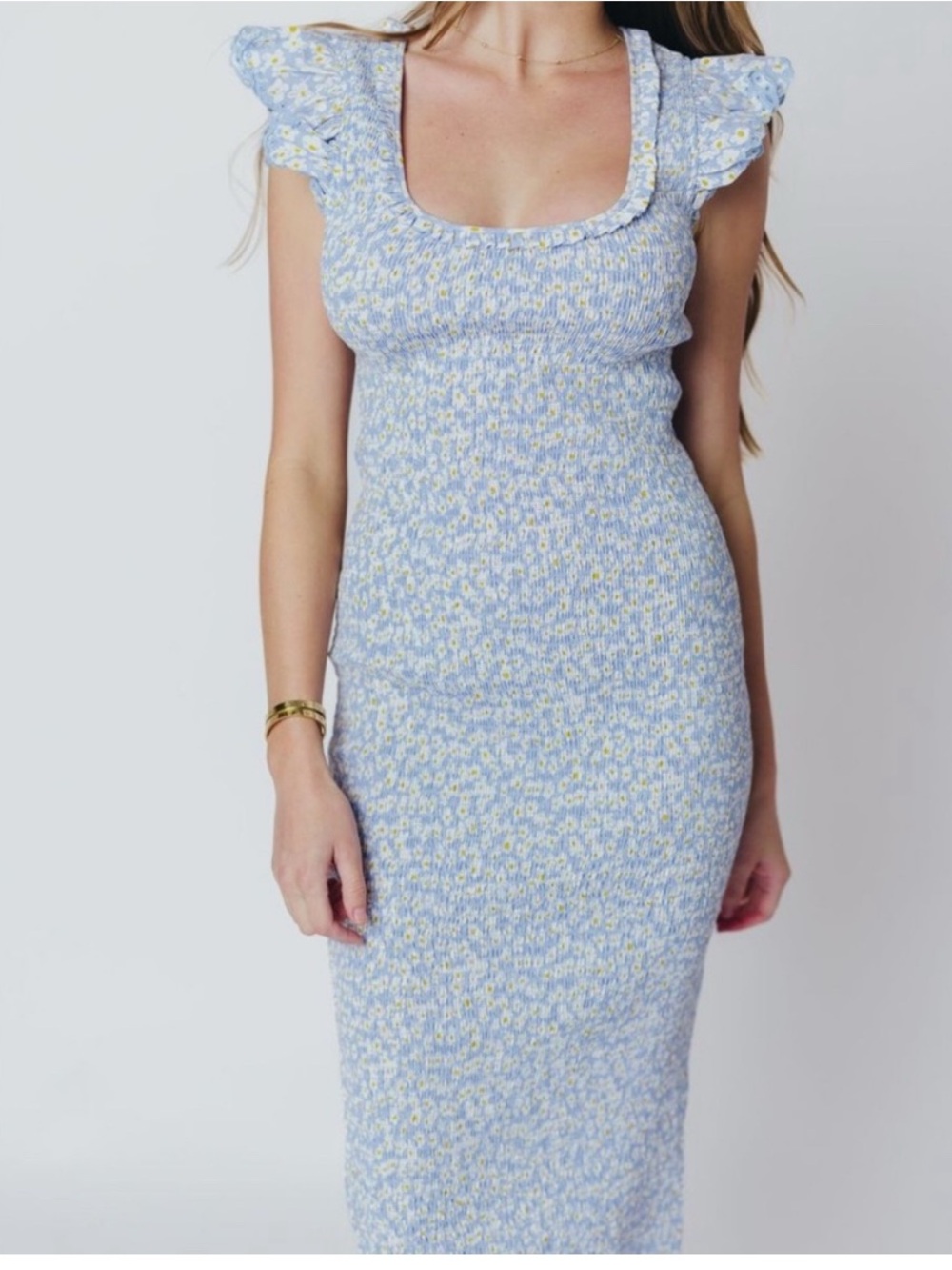 Smocked Square-Neck Midi Dress in Light Blue Floral